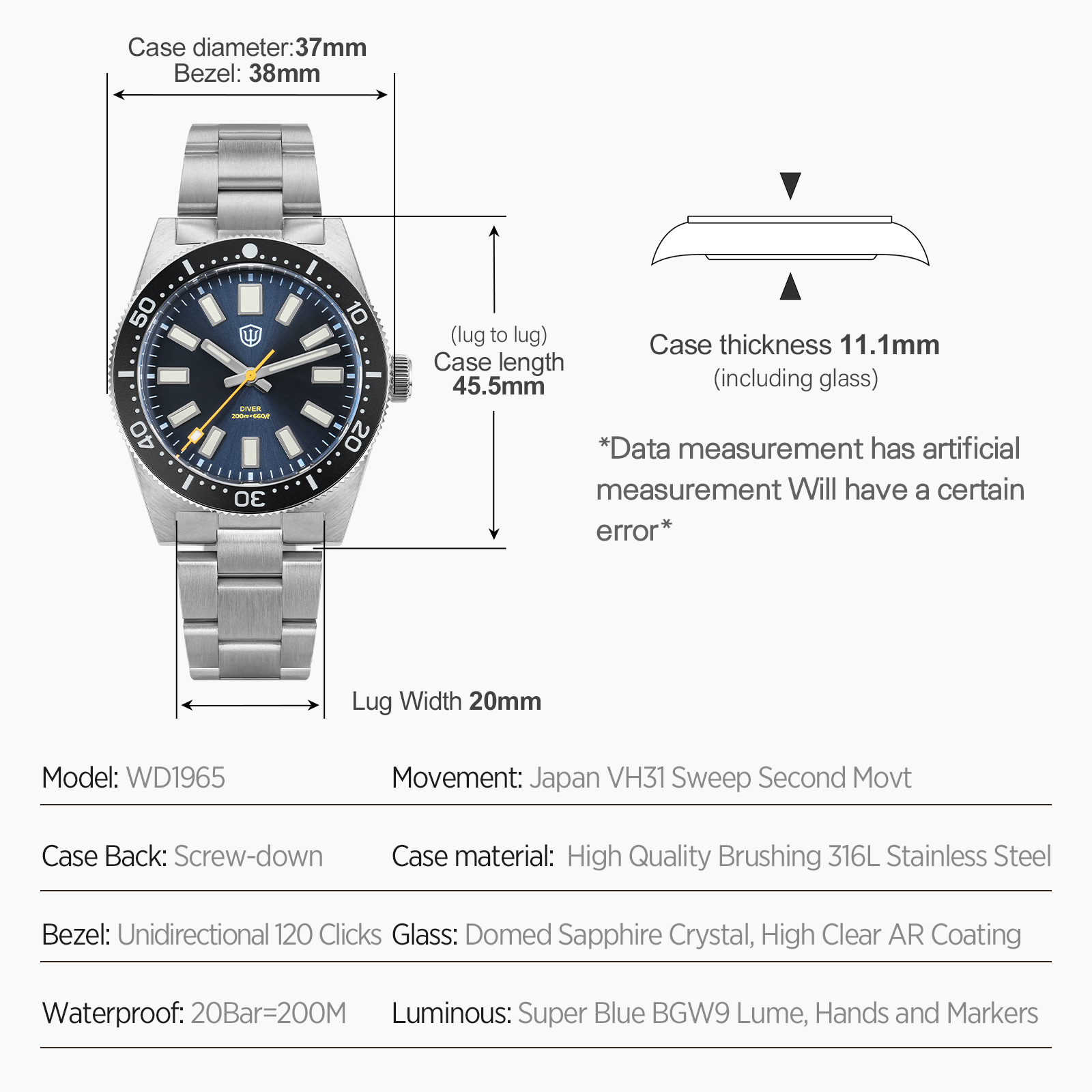 Watchdives 37Mm WD1965 V2 Man  - Jewelry Watch recension och pris